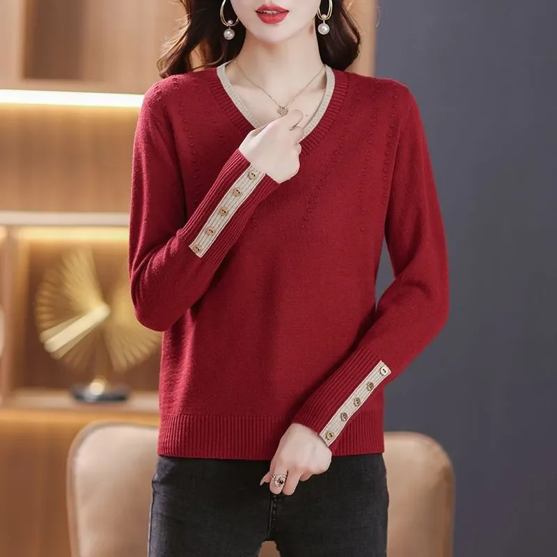 

Осенний новый вязаный пуловер, женский универсальный свободный свитер с v-образным вырезом, модный однотонный свитер с длинными рукавами