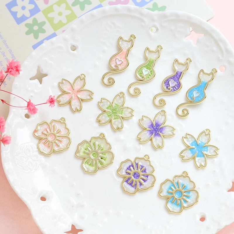10pcs Ins Japanese Cat Cherry Blossom Alloy Pendant DIY Handmade Jewelry Hand Necklace Earrings Accessories Material Charms