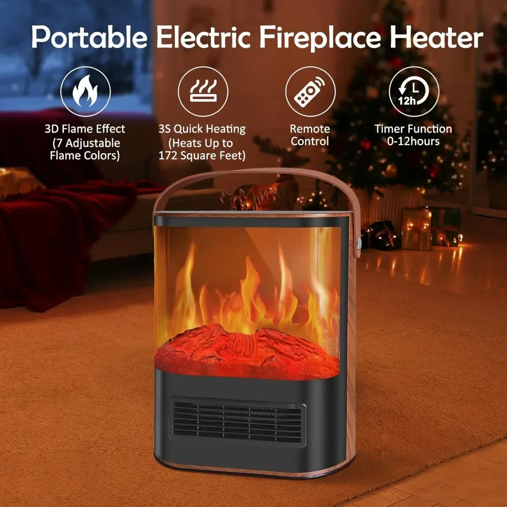 1500W electric fireplace heater with thermostat and remote control, featuring realistic 3D flames and a 12H timer