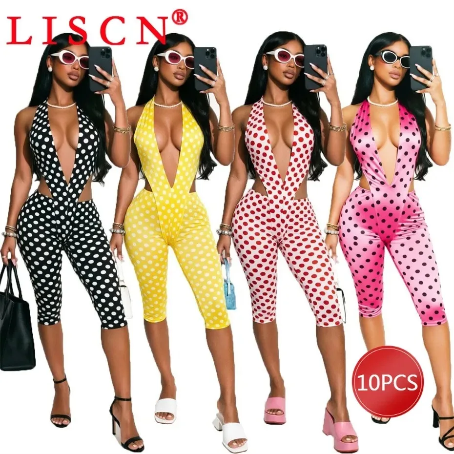 10 Wholesale Lots Tracksuits Summer 2026 Sexy Y2k Two Piece Set Womens Outfits Dot Print Bodysuits + Knee Length Pants K16663