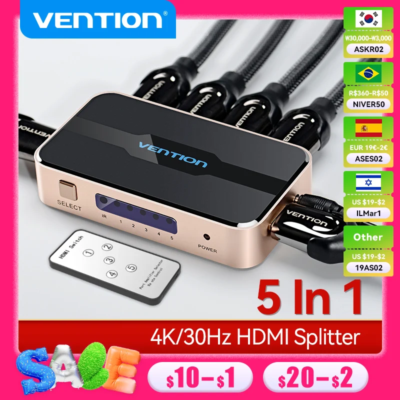 Vention HDMI Splitter 5 in 1 out 4K/30Hz HDMI 5x1 3x1 Adapter for XBOX 360 TV Mi Box Switch PS5 PS4 3 in 1 out HDMI 2.0 Switcher