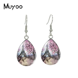 2023 New Eiffel Tower Tear drop Earring Colorful Paris Oil Painting Fish hook Earrings Glass Cabochon Jewelry Handmade Items