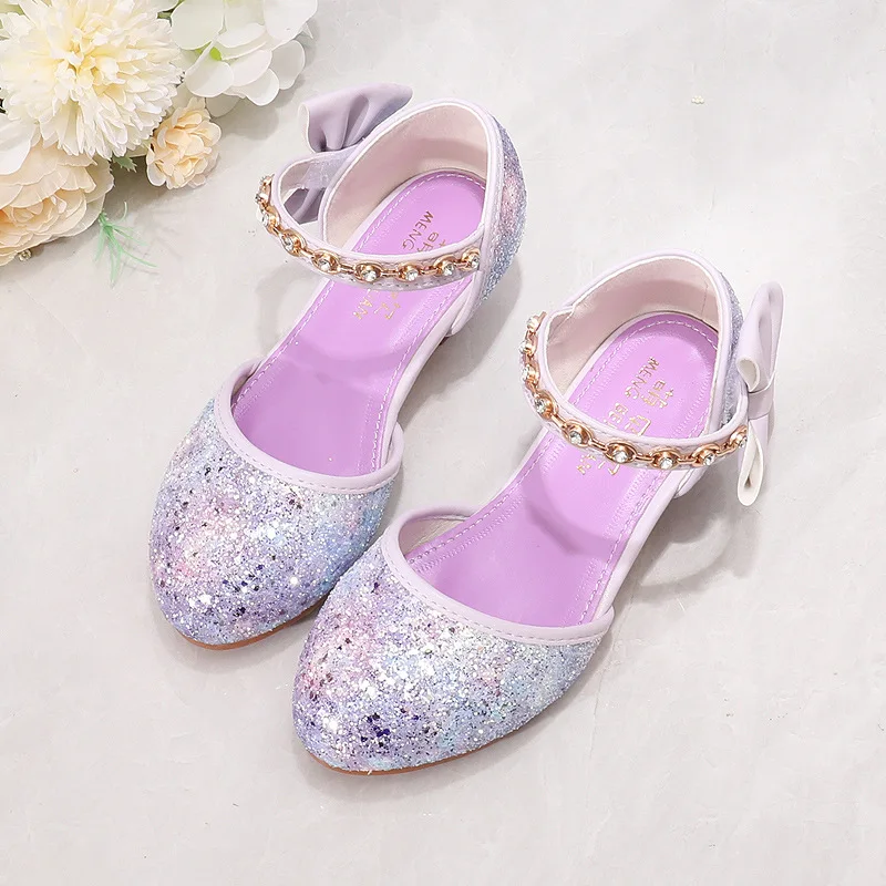 Summer Fashion Shiny Sequins Girls' Princess Sandals Children's High Heels Kids Baby Pink Purple Bow Performing Dance Shoes