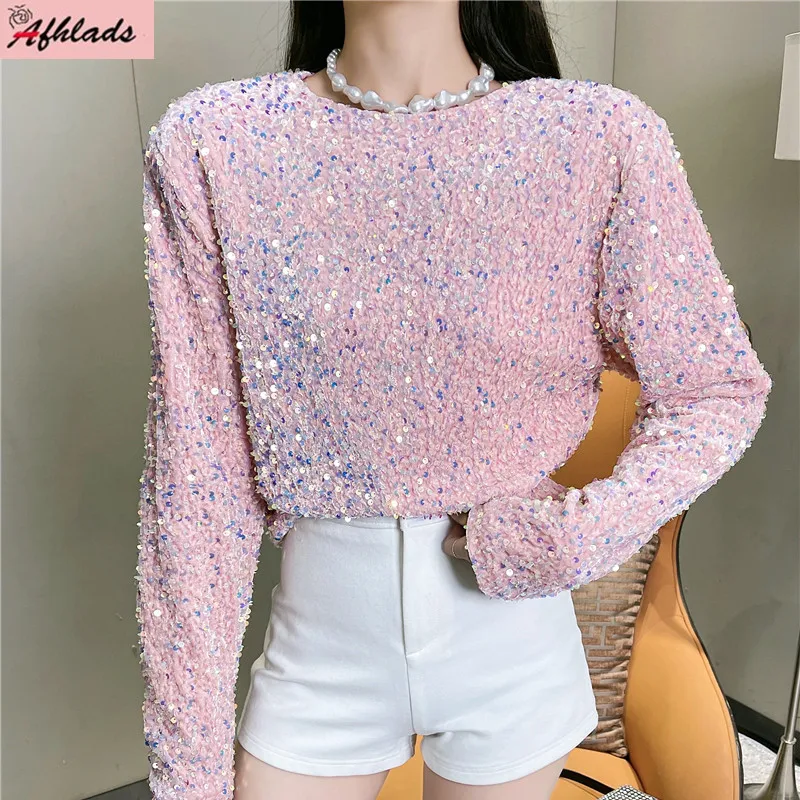 Autumn/Winter New Velvet Embroidered Sequin Top Long Sleeve Round Neck Night Club Streetwear Solid Color Women\'s T-Shirt