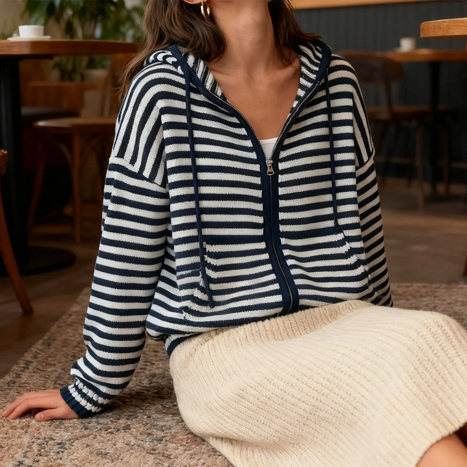 Vintage Women's Spring Autumn Patchwork Hooded Sweatshirt Long Sleeve Zip Up Drawstring Striped Hoodie