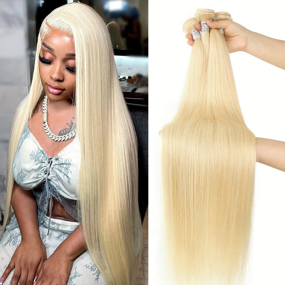 Blonde 1 3 4 Bundles Human Hair Remy Brazilian Human Hair Extensions Bone Straight 613 Human Hair Bundles Double Weft 30 40 inch