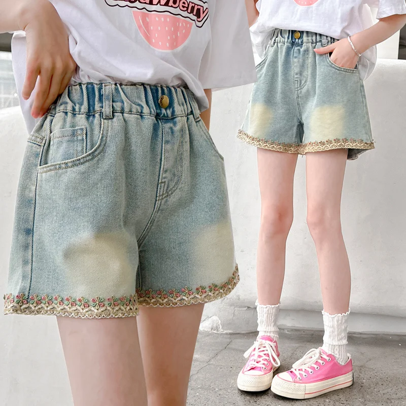 

Fashion Kids Girl Summer Denim Shorts with Lace Flower Elegant Child Casual Shorts Jeans Bottoms 5 6 7 8 9 10 11 12 13 14 Years