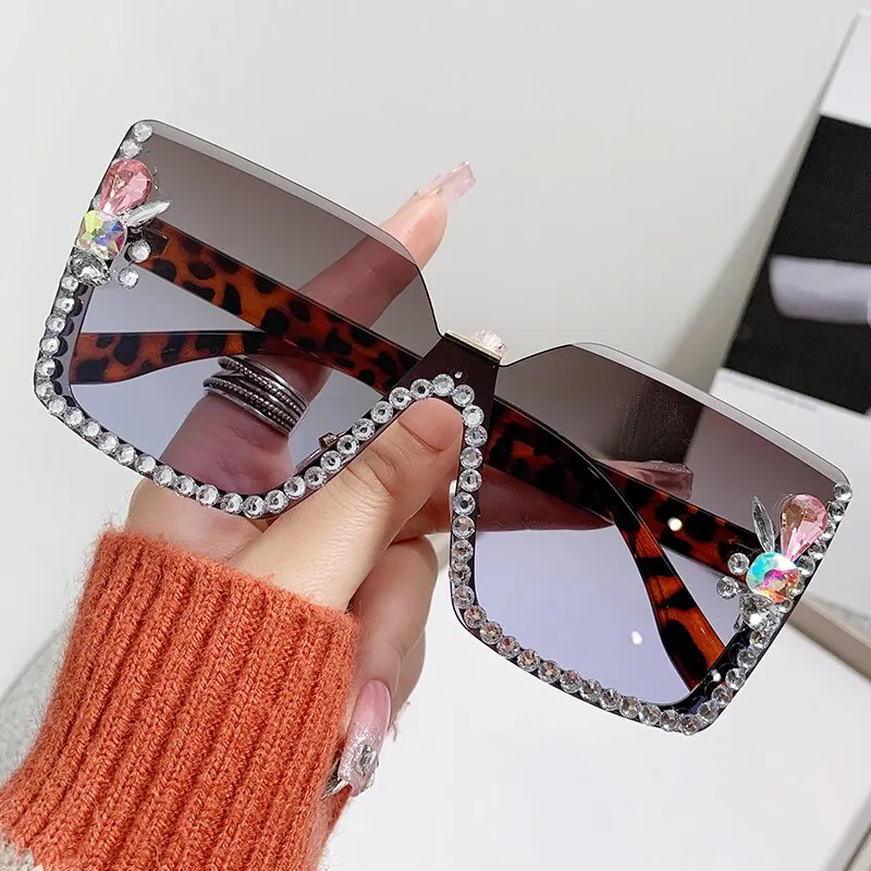 Women Festival Bling Rhinestone Square Sunglasses Female Trendy Gradient Crystal Rave Glasses For Party