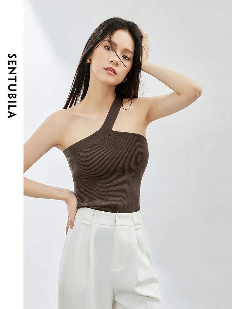 SENTUBILA Summer Irregular Skew Collar Backless Rib Tank Top 2024 Solid Pullovers Fashion Off Shoulder Camisole Women W41I53846