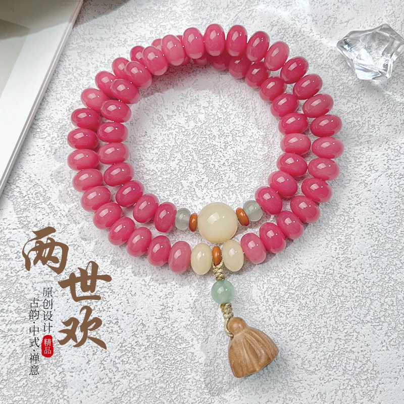 b158 Original Handmade Antique Style Pink Bodhi Bracelet Devout Temperament Double Circles Lotus Buddha Beads Hand String Lucky