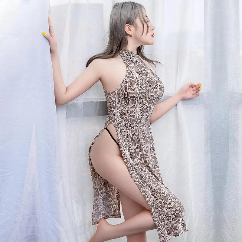 女性のためのセクシーなスネークスキンプリントドレス,サイドスリットドレス,膝丈,ハイカット,ロング,ホルターネック,ワイルド,ファンタジーナイトウェア