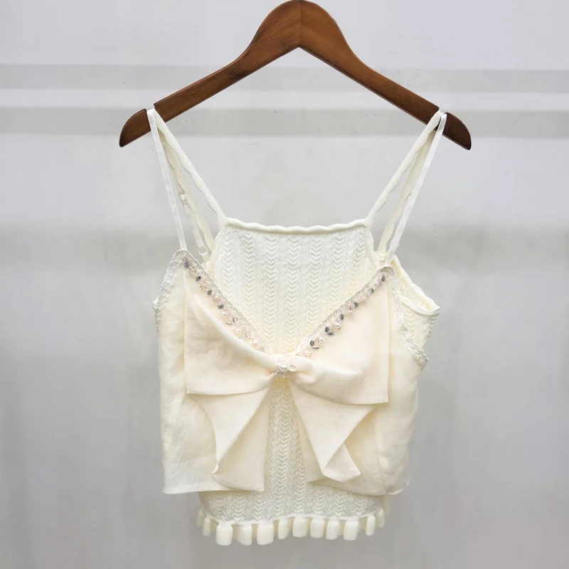 

Лето 2022, новая мода, облегающий короткий вязаный топ без рукавов с большим бантом и бисером y2k, универсальные женские майки F17