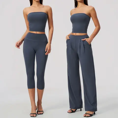 Fitness Suit Women's 2PCS Strapless Crop Top Yoga Set Running Workout Clothing Gym Tracksuit Pleated Shorts Outfits Sportswear