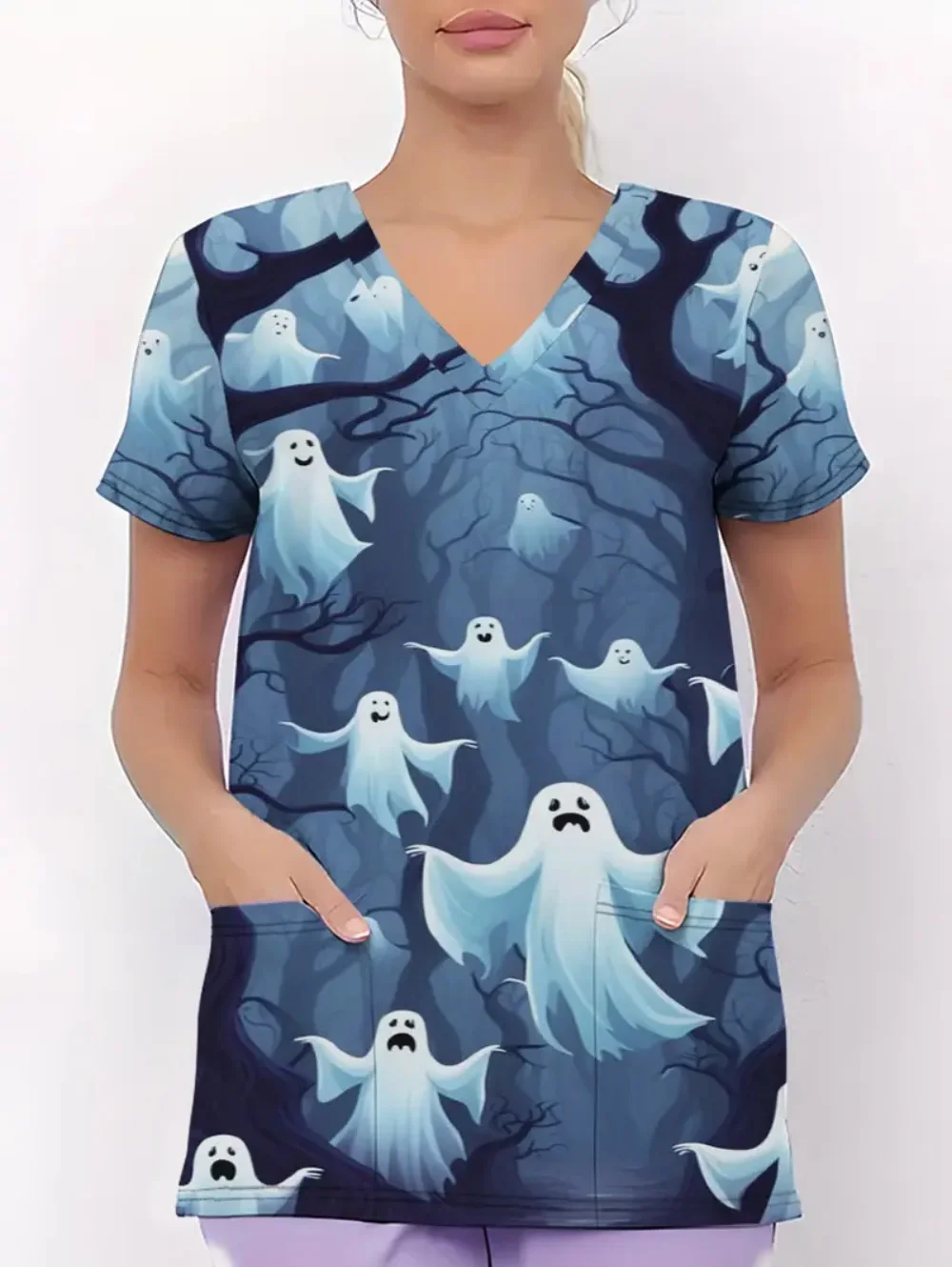 Halloween uniformes cirúrgicos mulher fantasma dos desenhos animados impressão vett-camisa casual com decote em v manga curta com bolsos esfoliantes cirúrgicos femininos