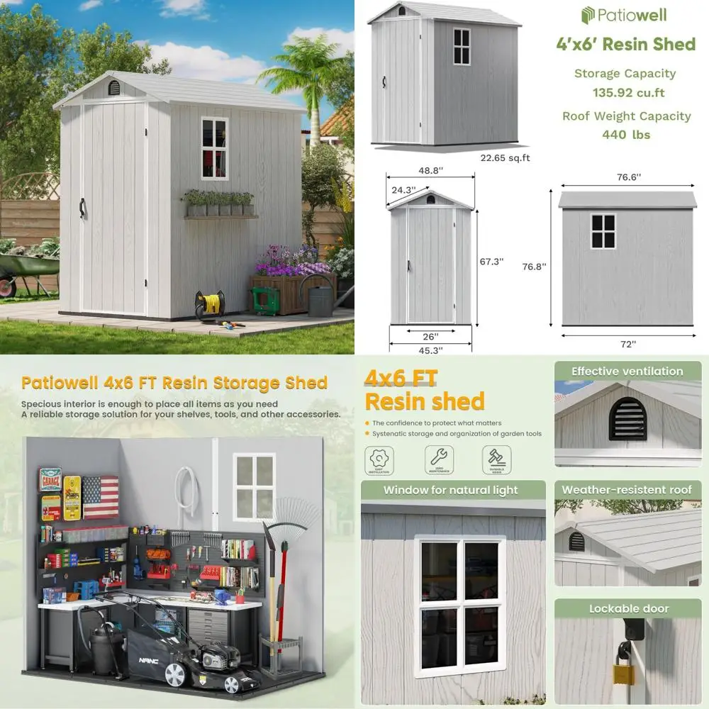 سقيفة تخزين خارجية من الراتنج مقاس 4 × 6 أقدام مع أرضية، سقيفة أدوات بلاستيكية مع نافذة، باب قابل للقفل لتنظيم الفناء الخلفي