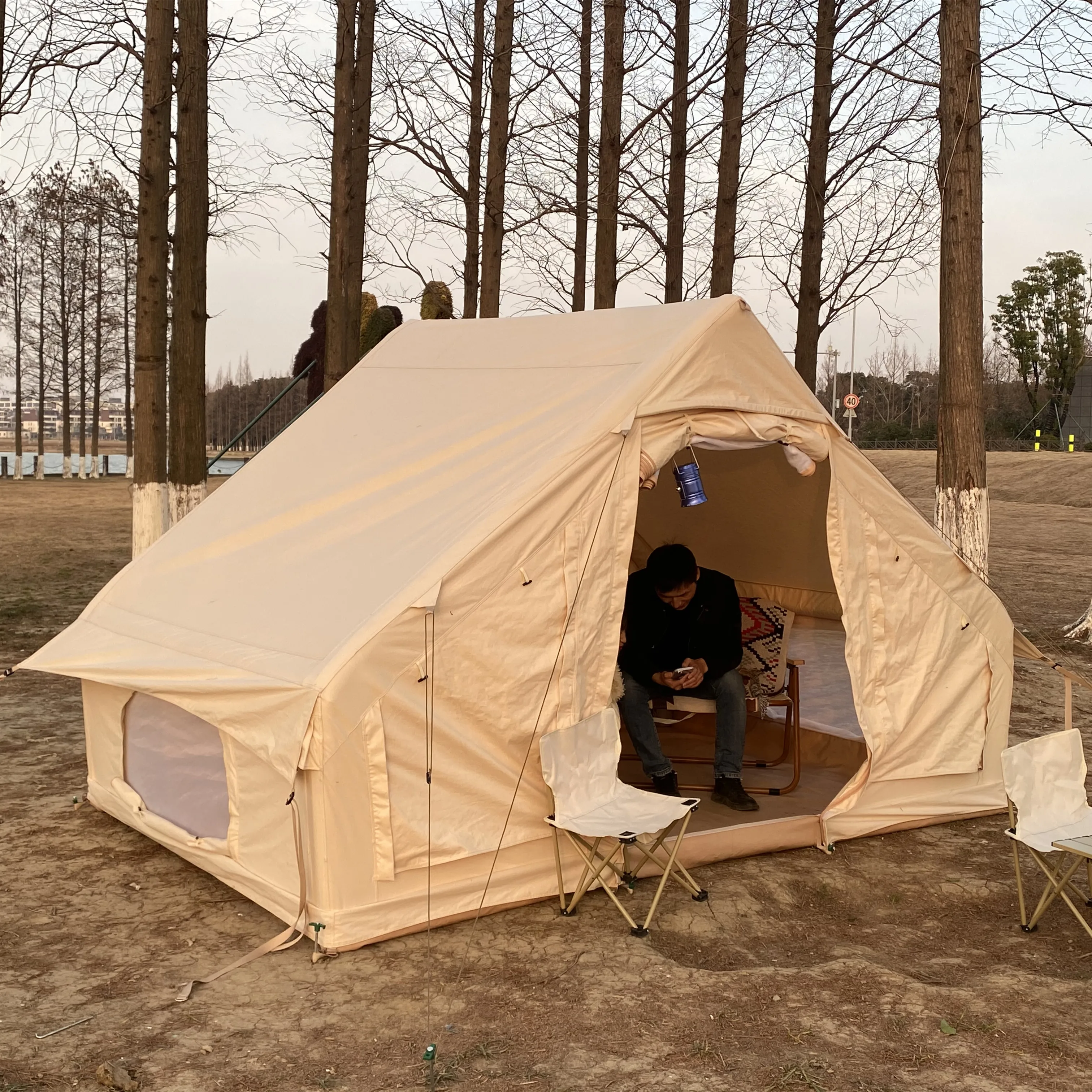 

Camping Tents 4 Persons Waterproof Outdoor Family Prefab Houses Inflatable Air Pole Tents Triangle Portable Yurt Tent