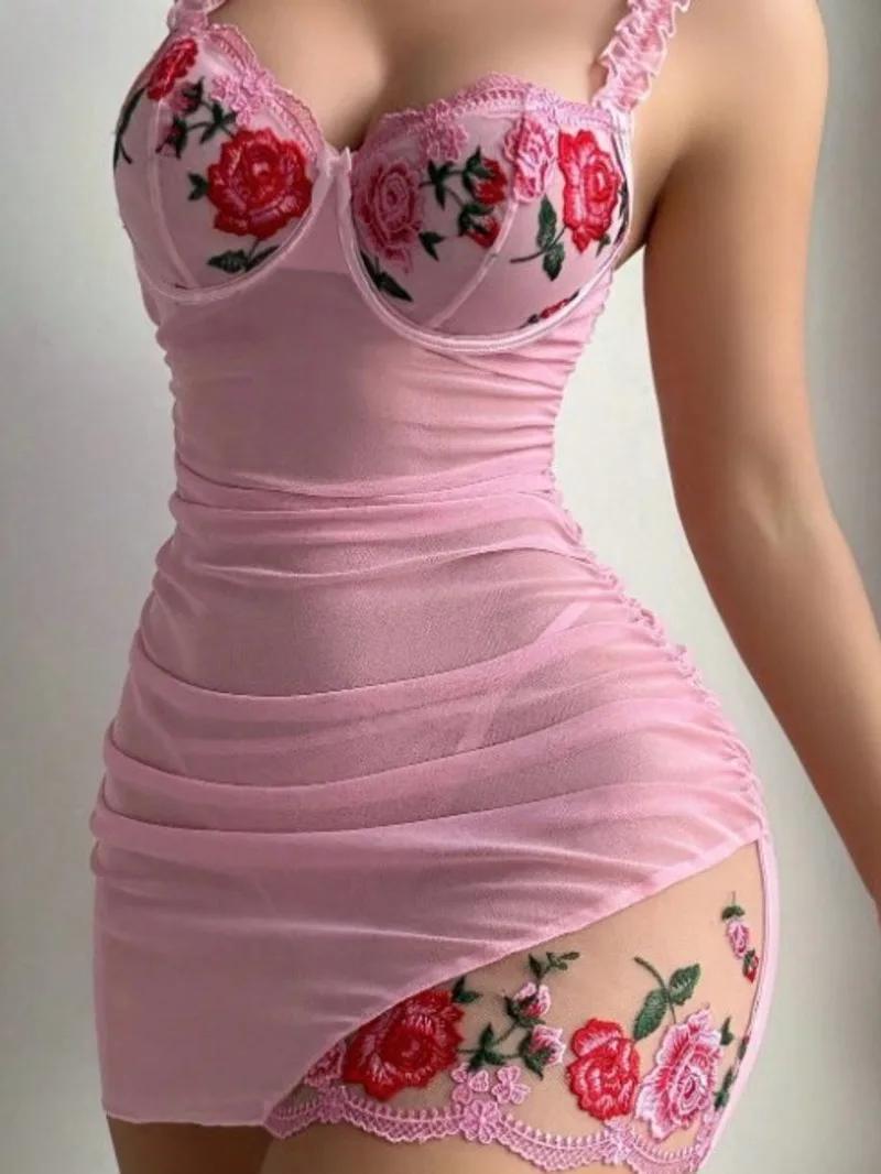 

sexy lace mesh Flower Embroidery transparent dress Backless deep v Suspenders Sleeveless dress elegant charming Pure Desire 3KZN