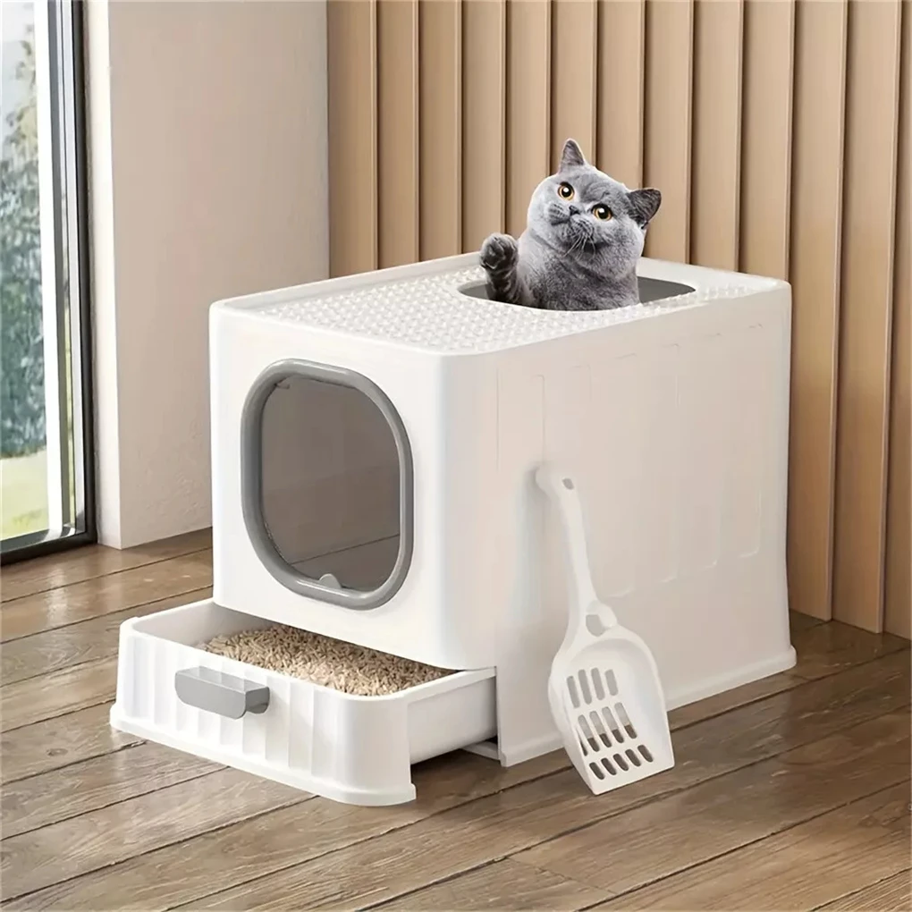 Leak-proof Enclosed Cat Litter Box Pull Drawer Kitten Training Toilet with Scoop and Lid Anti-Splashing