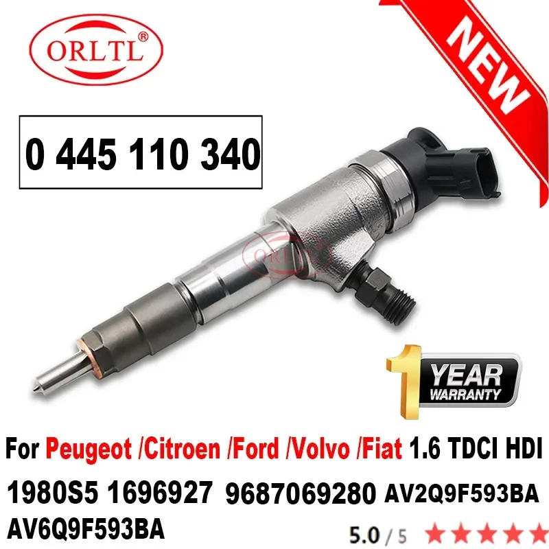 

0 445 110 340 9687069280 1980S5 Auto Fuel Injector 0445110340 For Peugeot Citroen Ford Volvo Fiat 1.6 TDCI HDI AV2Q9F593BA