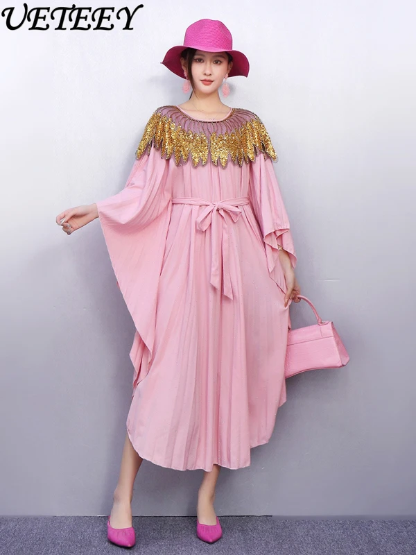 

Осеннее новое женское элегантное модное свободное платье с круглым вырезом, плиссированное утягивающее вечерние длинное платье на шнуровке с тяжелыми бисером и пайетками