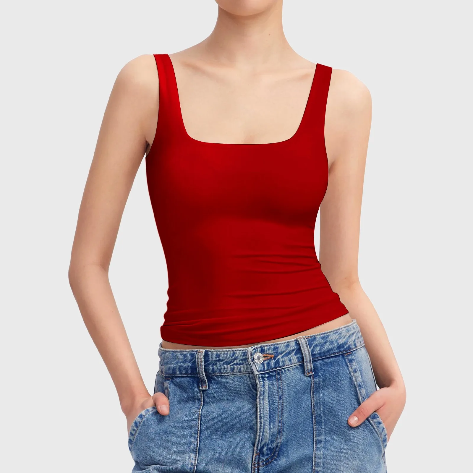 

White Slim Fit Square High Stretch Vest Top for Women Casual Basic Square Neck Solid Color Cropped Tops Sleeveless Tank Top