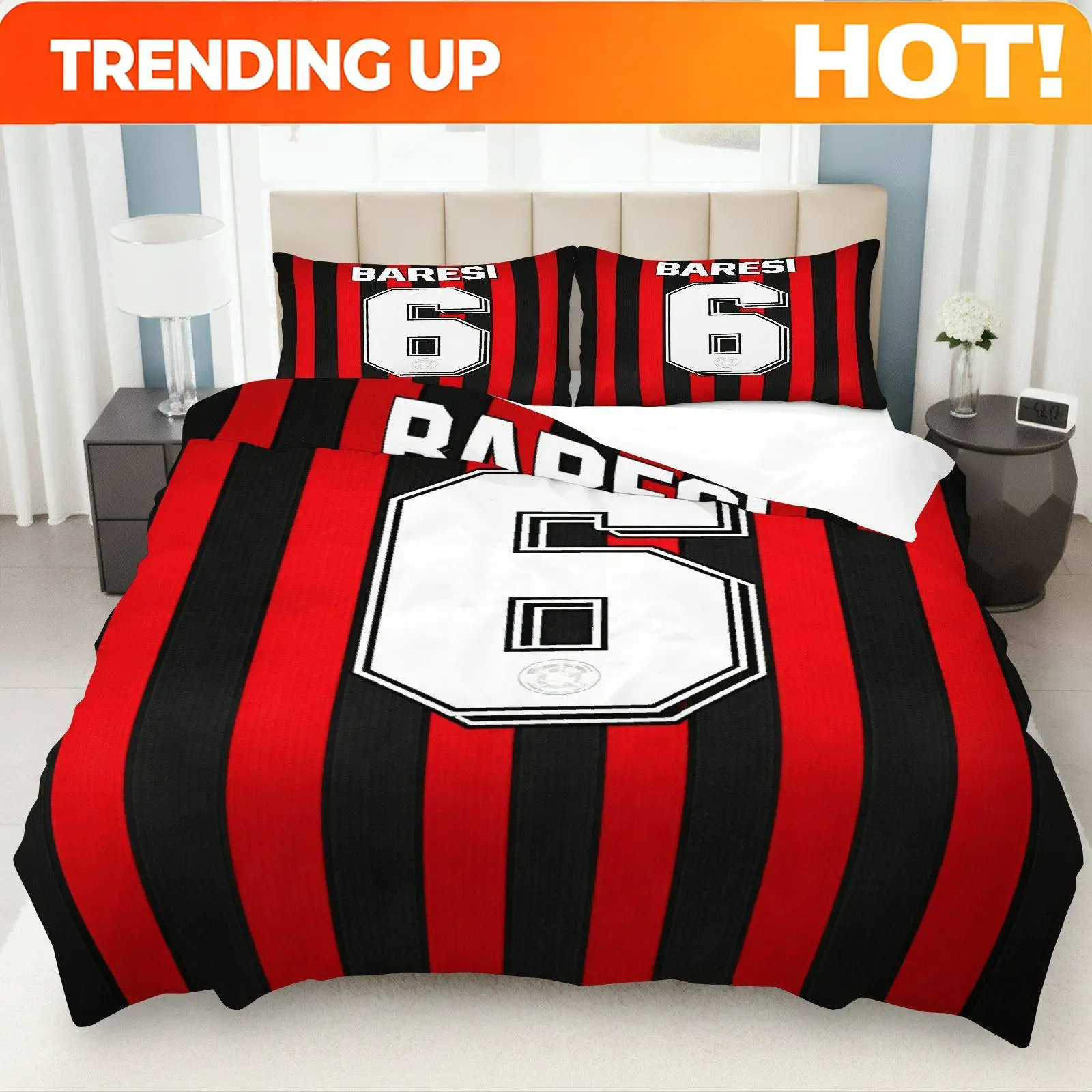 Customize 3pcs Duvet Cover, 1 Duvet+2 Pillowcases( Without Filler), Black Red Stripes Number Pattern Sports Theme, Holiday Beddi