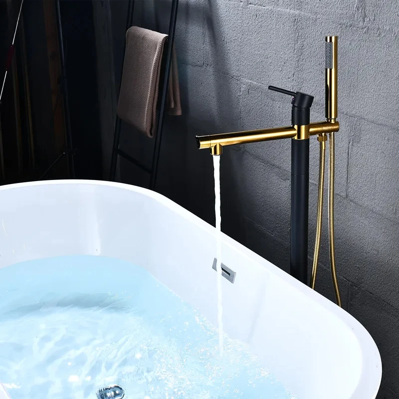 

Напольная подставка для ванной комнаты, водопад, смеситель для ванны, черное золото, горячий и холодный, высокий напольный смеситель для ванной комнаты, черный смеситель для ванны