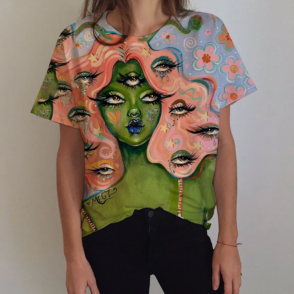 المرأة تي شيرت مصر القديمة ثلاثية الأبعاد تي شيرت مطبوع المرأة موضة عادية المتضخم الجولة الرقبة قصيرة الأكمام تي شيرت كامل مطبوعة Cl #3