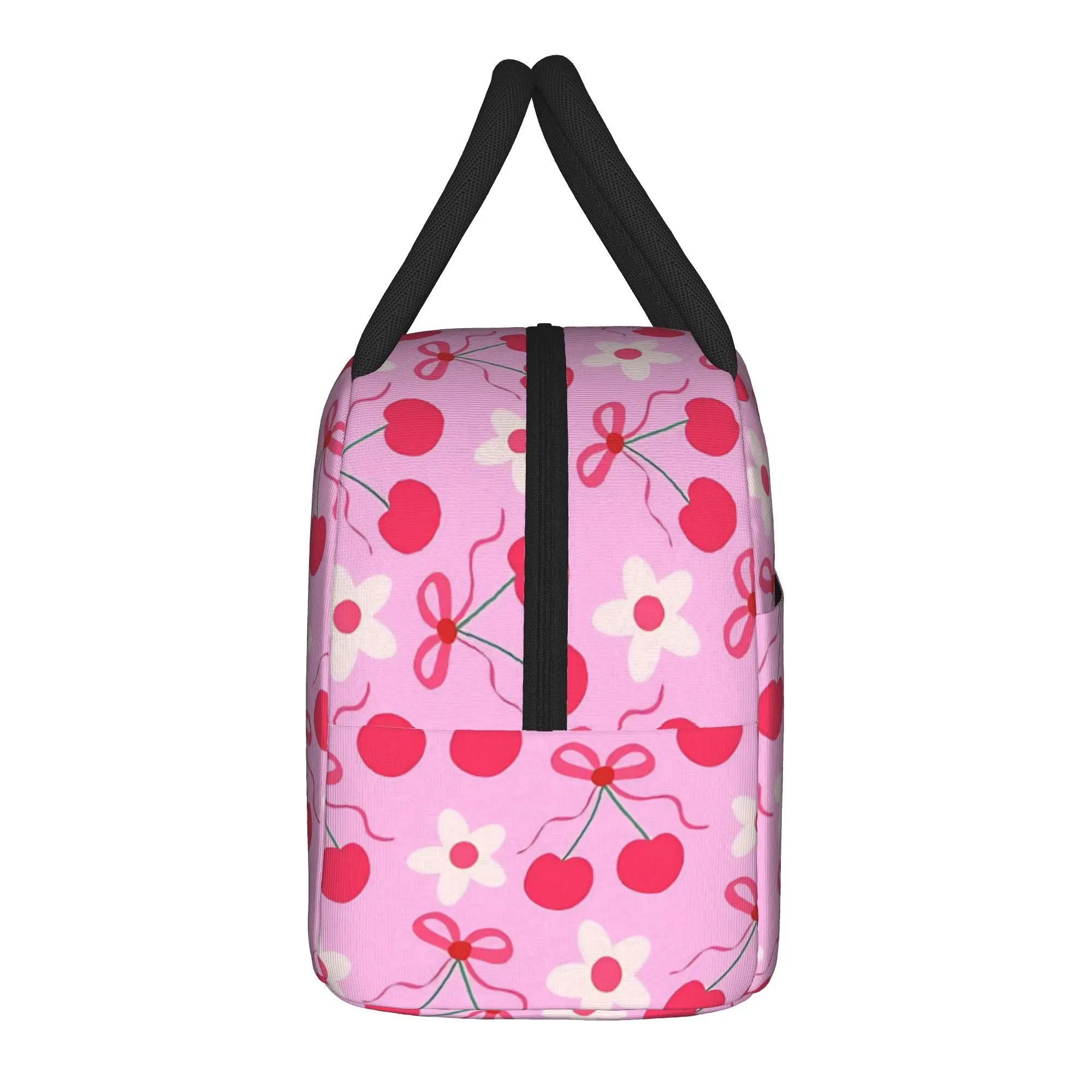 Cherries Insulated Lunch Bag Cooler Bag Reusable,Meal Container Pink Bow Cherry High Capacity Lunch Box Tote Food Storage Bags