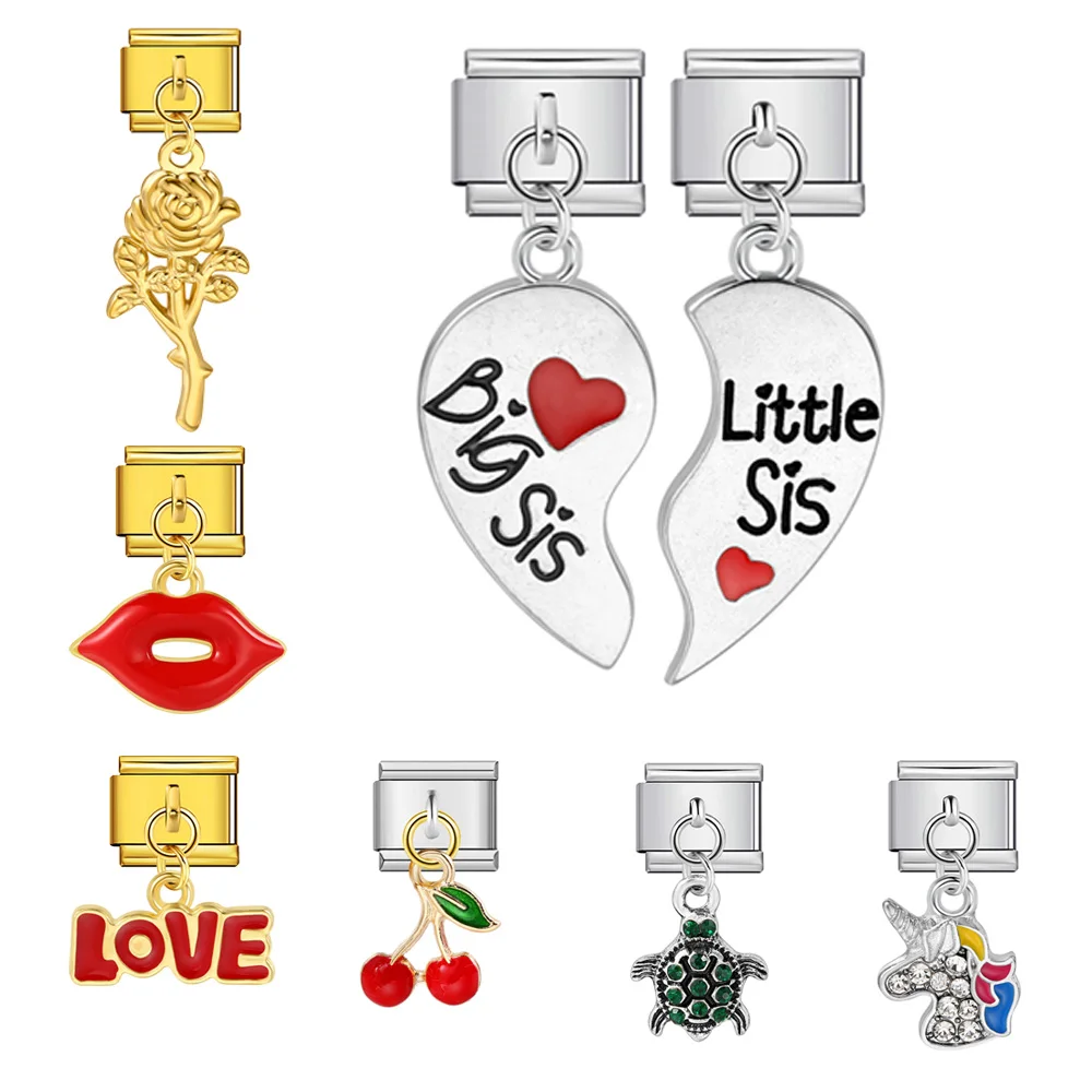 Modischer Blumen-Schildkröten-Kirsch-Herz-Rote-Lippen-Anhänger, italienischer Charm aus Edelstahl, passend für 9mm Armbänder, für DIY-Schmuckherstellung – Detail 1