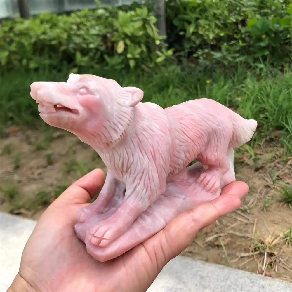20cm Pink Opal Wolf Carving Natural Quartz Energy Healing Polished Mineral Home Decor Ornament Animal Figurine
