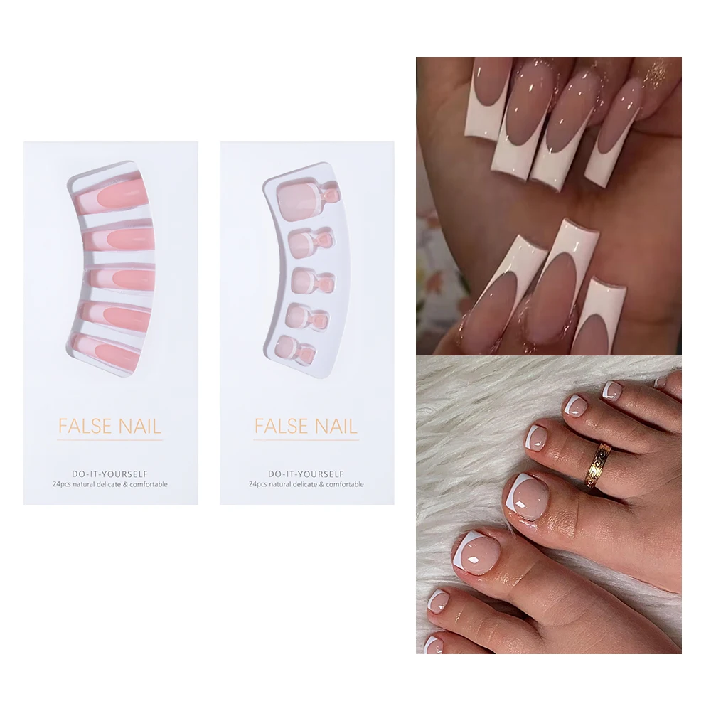 48pcs/set Y2K Style False Nails For Fingers & Toes, white French Style ,Sweet Press On Nails,For Women &Girl Daily Wear