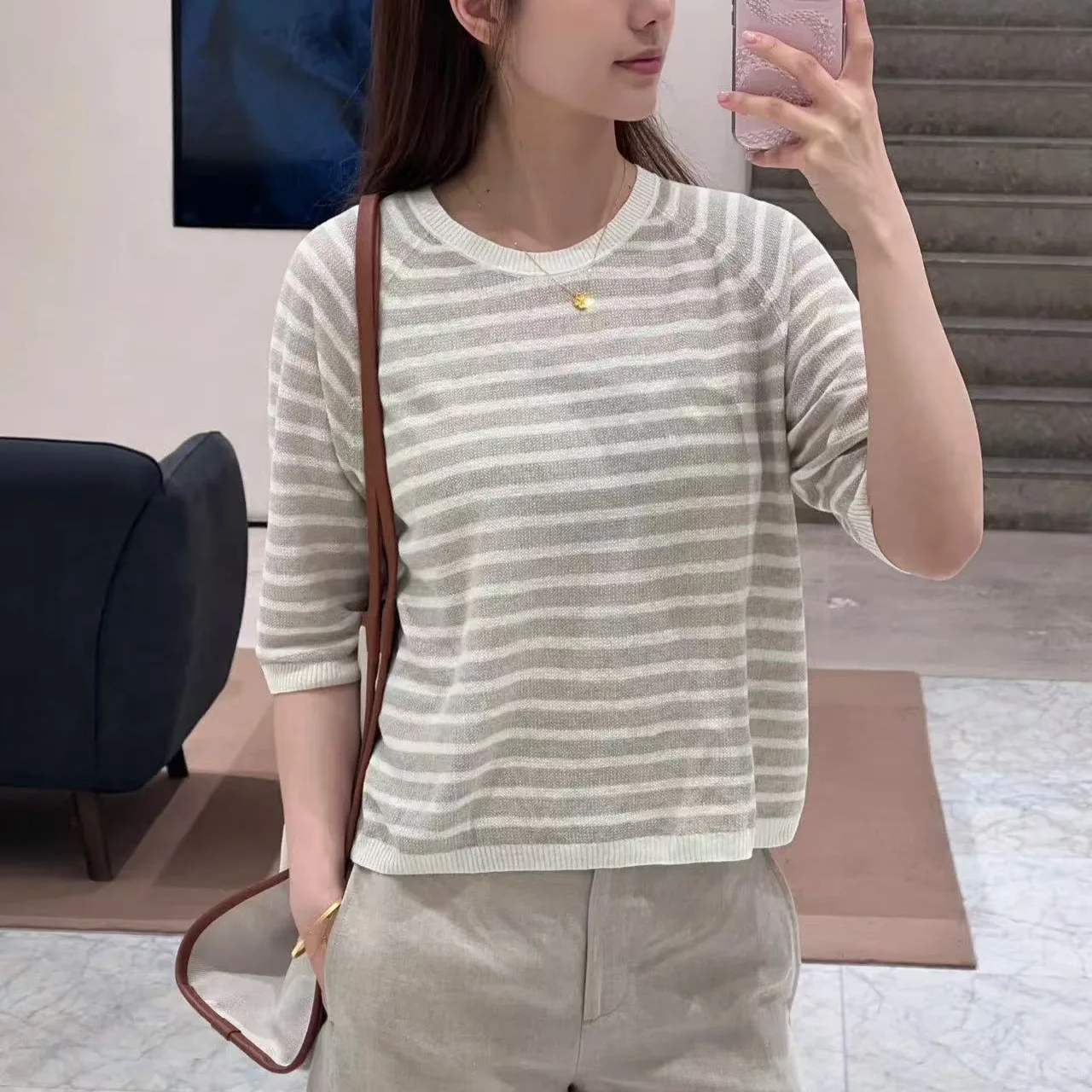 

2025 autumn women's striped sweater long sleeve casual linen silk blend loose comfortable pullover
