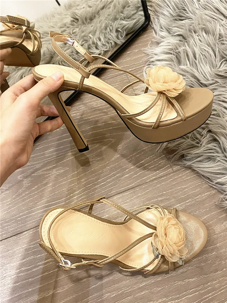 Summer new round toe thin strap open toe mesh flower waterproof platform sandals banquet dress thin high-heeled women's shoes