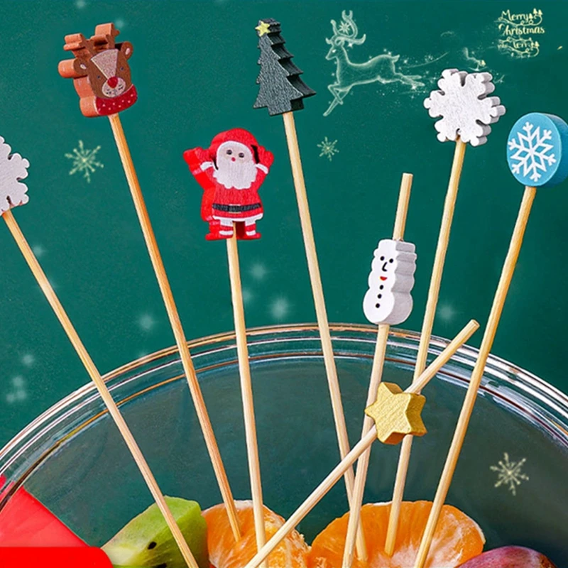 100PCS Santa Snowman Elk Christmas Bamboo Stick Skewer Toothpick for Cake Food Fruit Pick Toothpick Kids Christmas Party Decor