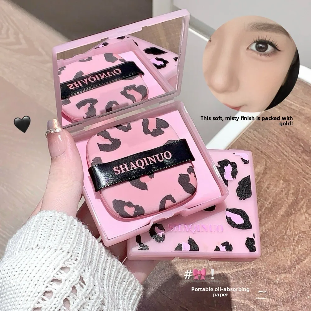 100 Sheets Facial Oil Absorbing Paper Storage Box Pink Leopard Print Beauty Tool with Mirror Portable Oil Removing Paper