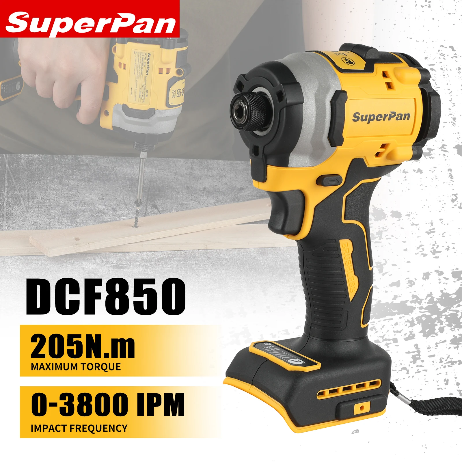 

SuperPan DCF850 20V Lithium Brushless Cordless Drill, 205N·m 3250RPM Impact Electric Screwdriver Drill Impact Drive