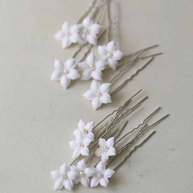 Ins Bridal Hair Pieces Pins Pearls Wedding Jewelry White Ceramic Flower Women Hair Clips Handmade