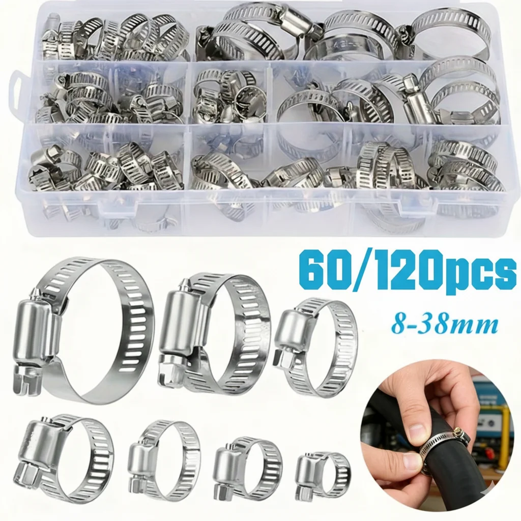 

Hose Clamps Set Stainless Steel Adjustable Worm Gear Screw Band Hose Clamp for Pipe Fuel Tube Faucet Fasteners Assortment Kit