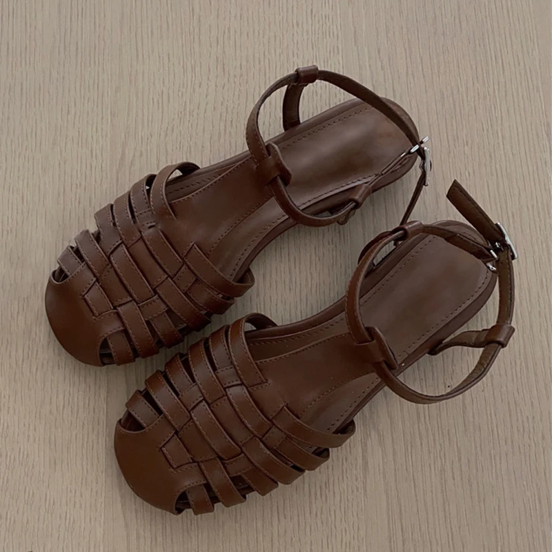 

Roman Sandals Women Leather Weaved Gladiator Sandalias Mujer Cover Toe Narrow Band Knitted Beach Summer Casual Shoes