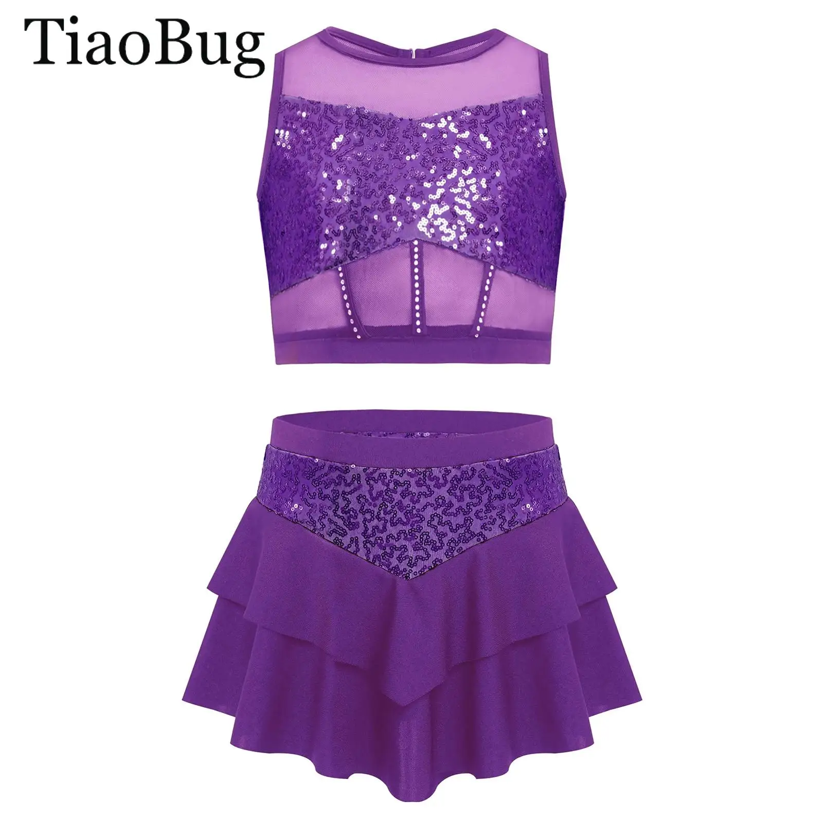 

Костюм для танцев в стиле хип-хоп для девочек, топ без рукавов с вырезами, прозрачной сеткой и блестящими пайетками, с многоярусной юбкой, одежда для чирлидинга