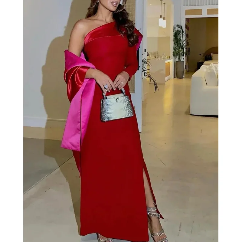 

Saudi Mermaid Long Sleeve Prom Dresses One Shoulder Zipper Party Special Gowns Ankle Length Side Split Evening Dress Customized