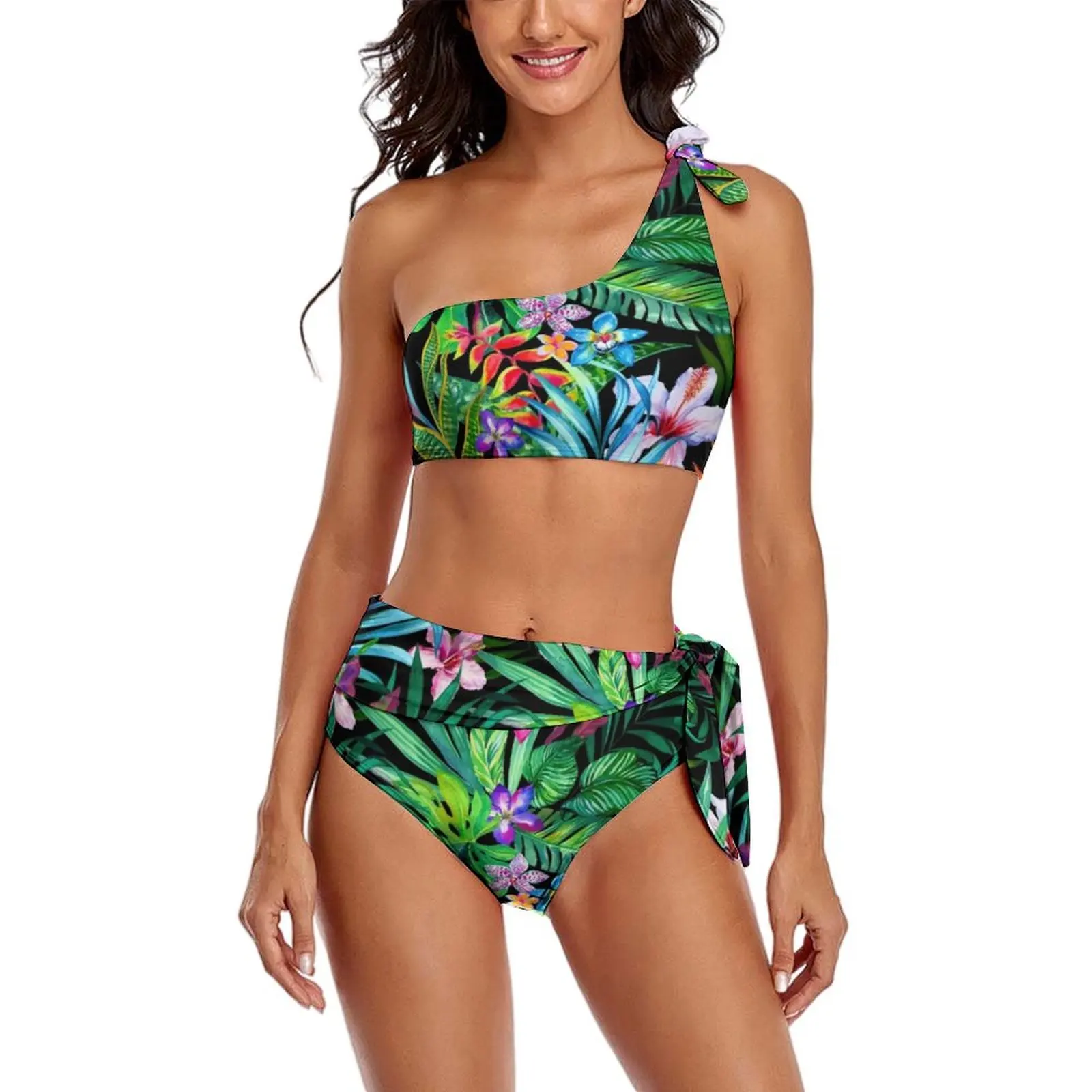 

Tropical Floral Fest Bikini Set Leaves Print Bikini Swimsuit Sexy One Shoulder Trend Swimwear Beach Two Piece Set Beach Wear
