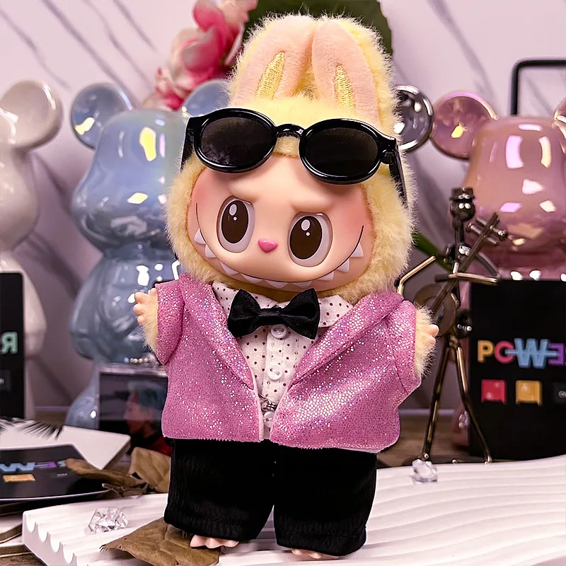 2025 neue Labubu 17 cm eins, zwei, drei Generationen Labubuwa-Kleidung Gd rosa Paillettenanzug Geschenk (keine Puppe)