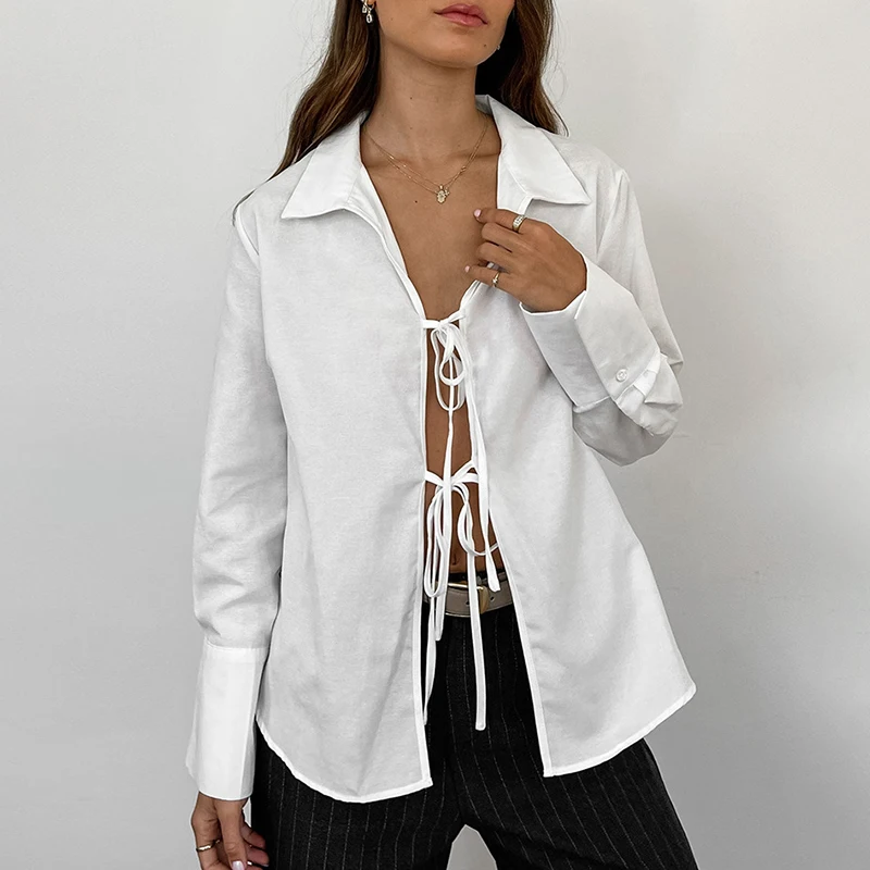 

TARUXY Hollow Out Lace Up White Cotton Linen Shirt Women's Long Sleeve Loose Casual Sexy Lapel Cardigan Top Female Summer new