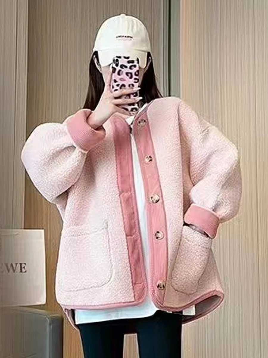 Plus Size Autumn and Winter Plus size Loose Corduroy Patchwork Lamb Wool Outerwear Women Fur Integrated Warm Contrast Color L...