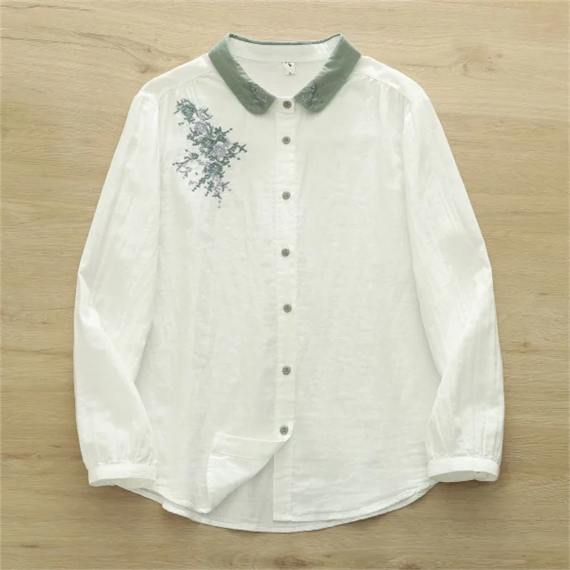 الرجعية قميص Artsy المطرزة بلوزة المرأة القطن قميص طويل الأكمام لينة فضفاضة زر حتى قميص رقيقة الربيع الإناث البلوزات