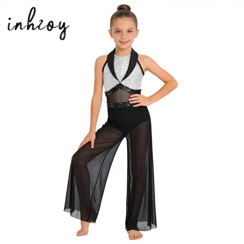 Kids Girls Modern Lyrical Dance Performance Jumpsuit Sheer Mesh Briefs Bodysuit Ballet Acrobatics Gymnastics Skating Costume