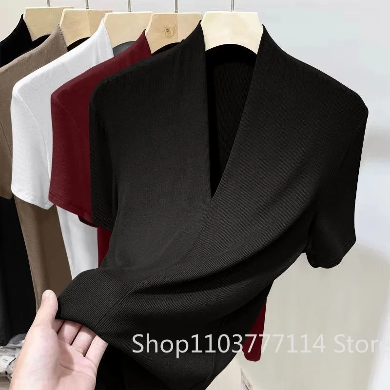 Sommerliches Damen-T-Shirt mit Kurzarm, Modisches Vielseitiges Basis-Shirt, Übergröße, Figurbetont, V-Ausschnitt, Lässiges und Sexy Oberteil – Detail 8