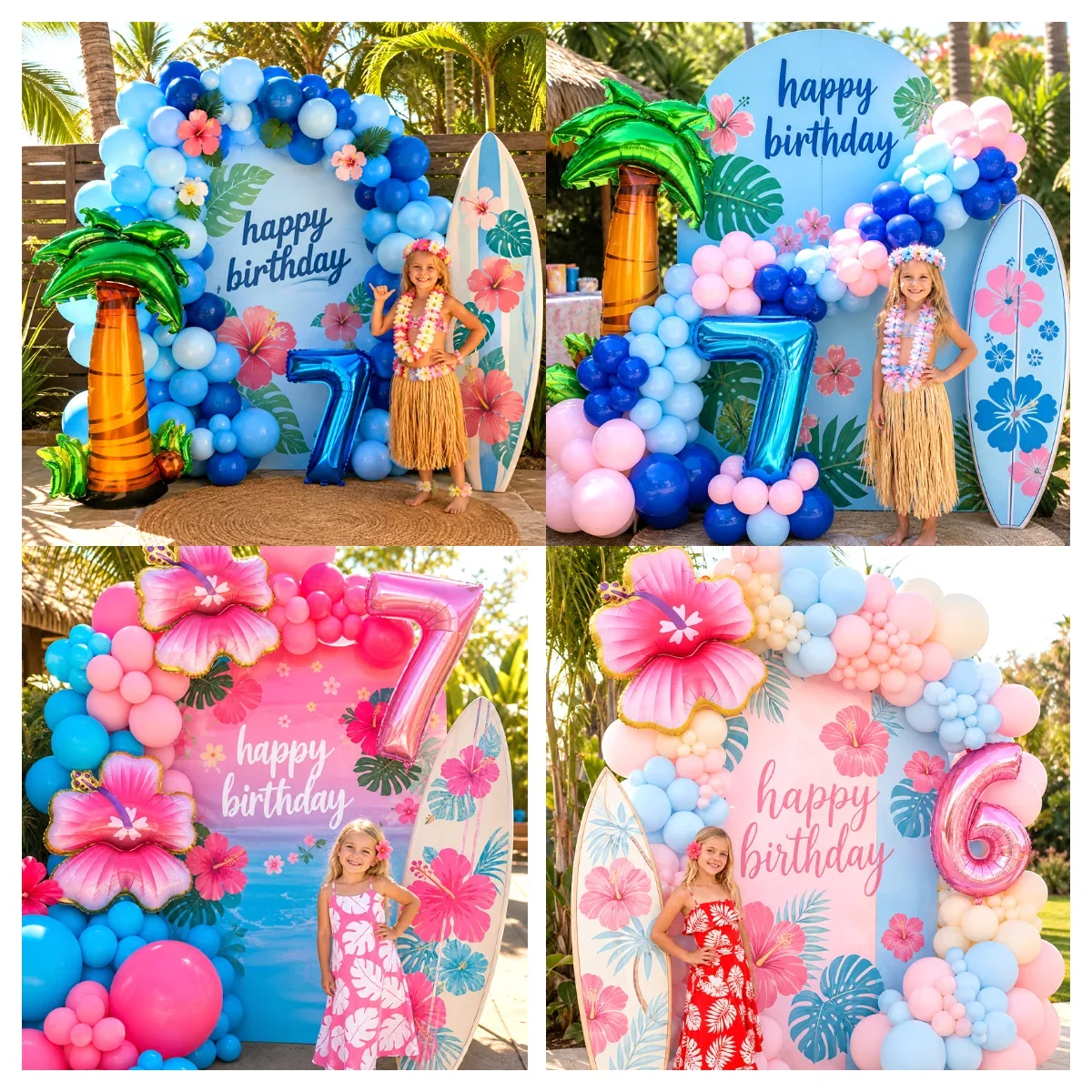 Balloon Bouquet,Stiched Pattern Latex Balloons With Hibiscus And Coconut Palm for Aloha Island Kids Birthday